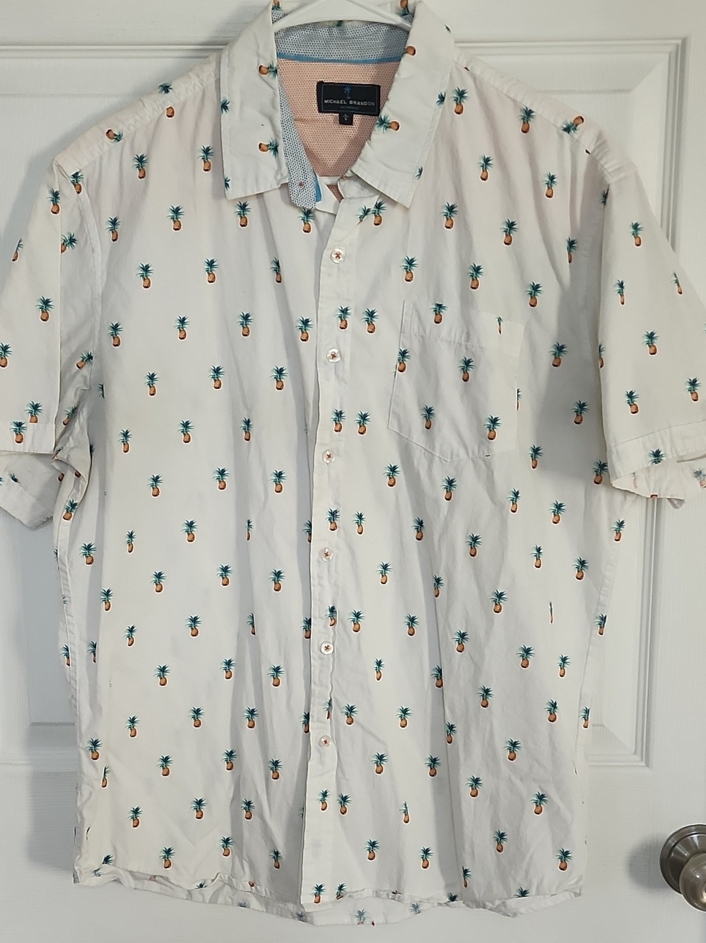 Michael Brandon White Short-Sleeve Button-Down Shirt with Pineapple Print